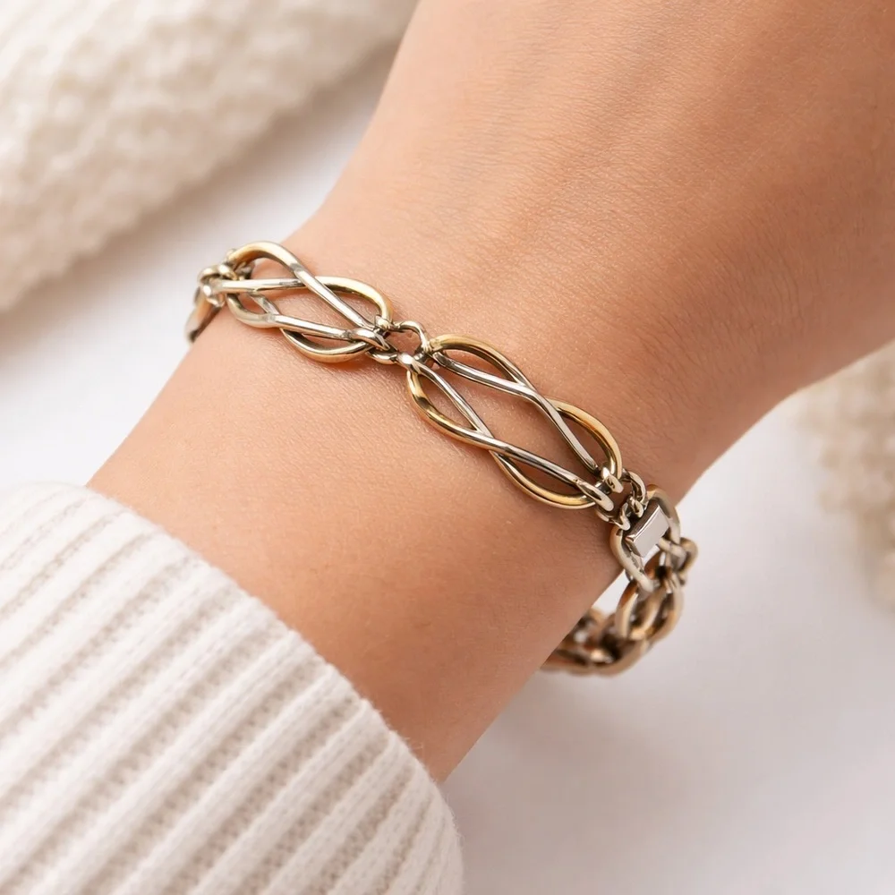 Taxco Mexico 925 Sterling Silver & Latón Infinity Link Bracelet Vintage 7”